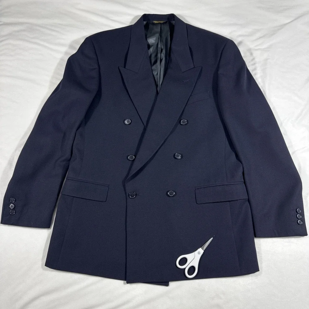 VTG 90s Pierre Cardin‎ Men 100% Wool USA Made Double Breasted Blazer Jacket Navy